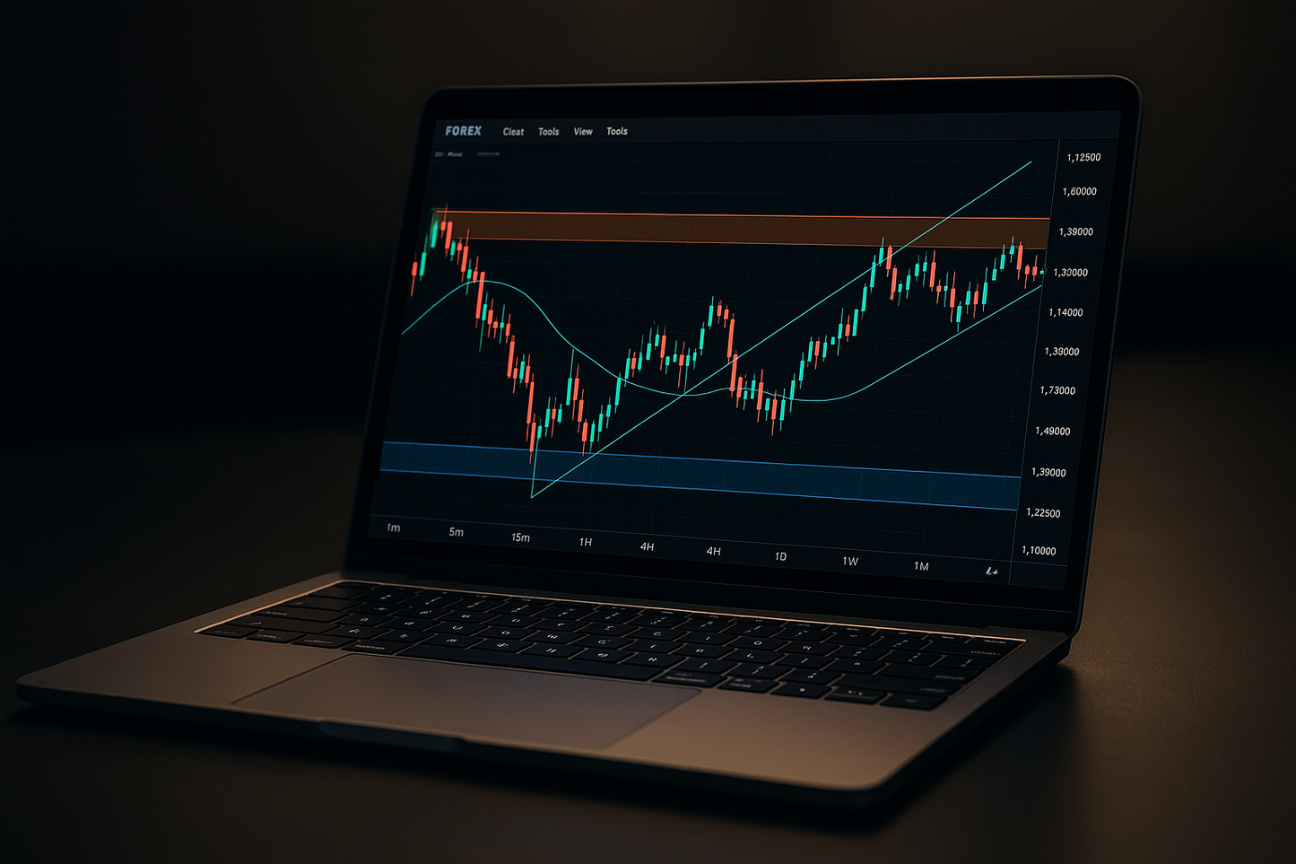 A laptop showing a forex chart with lines, zones, or indicators