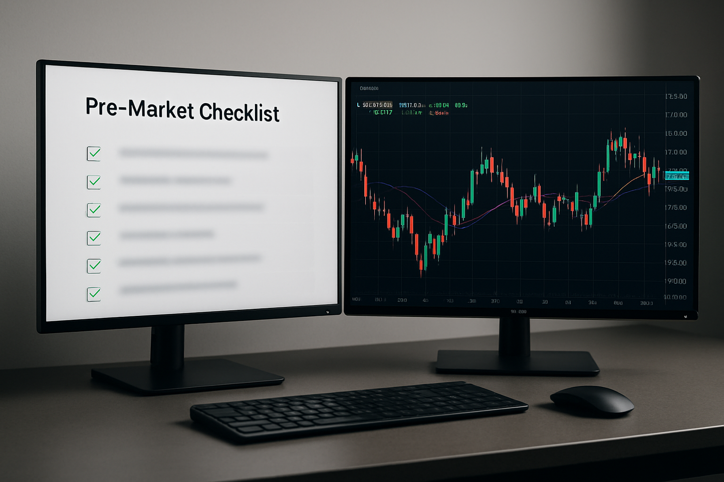 a computer with 2 monitors with the left monitor being a digital checklist which is named "Pre-Market checklist" with the bullet points underneath blurred and the other monitor a forex market chart