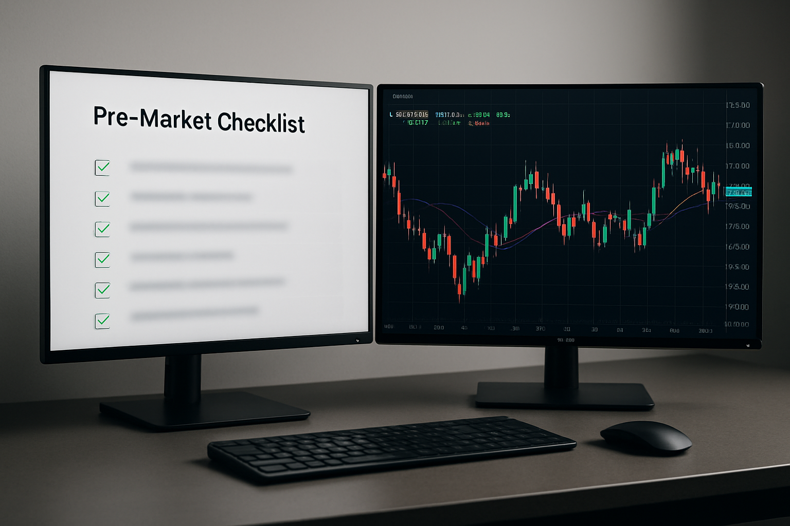 a computer with 2 monitors with the left monitor being a digital checklist which is named "Pre-Market checklist" with the bullet points underneath blurred and the other monitor a forex market chart