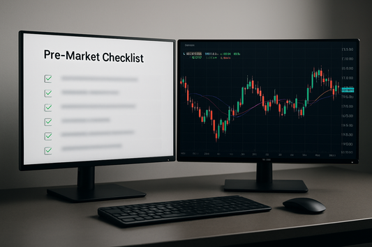 a computer with 2 monitors with the left monitor being a digital checklist which is named "Pre-Market checklist" with the bullet points underneath blurred and the other monitor a forex market chart