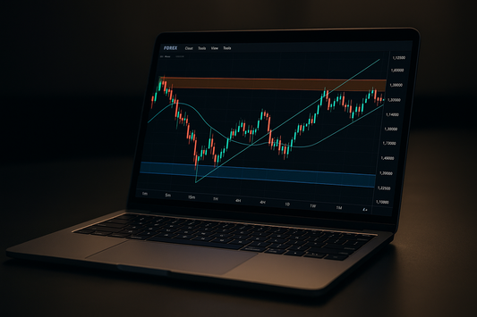 A laptop showing a forex chart with lines, zones, or indicators