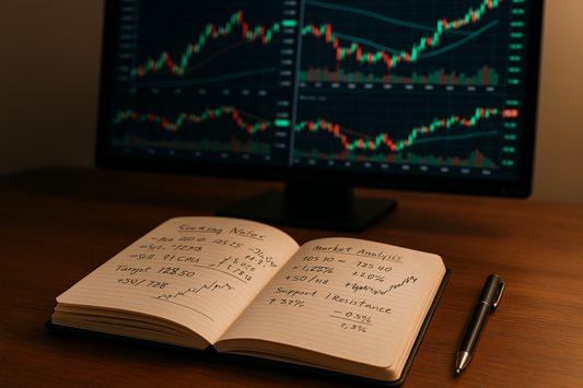 A trading desk photo: open notebook with handwritten notes, pen, and a chart on screen in the background.
